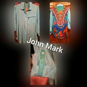 Ladies John Mark Linen W/Butterflies Roll Tab Sleeve Button Up Blouse Med